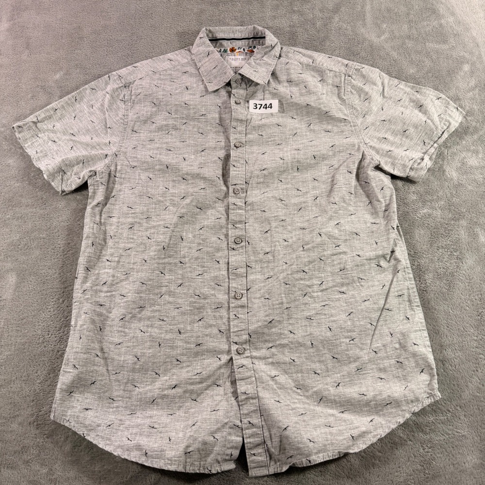 Cactus Man Button Down Shirt Mens Medium Grey Bird Print Short Sleeve Cotton